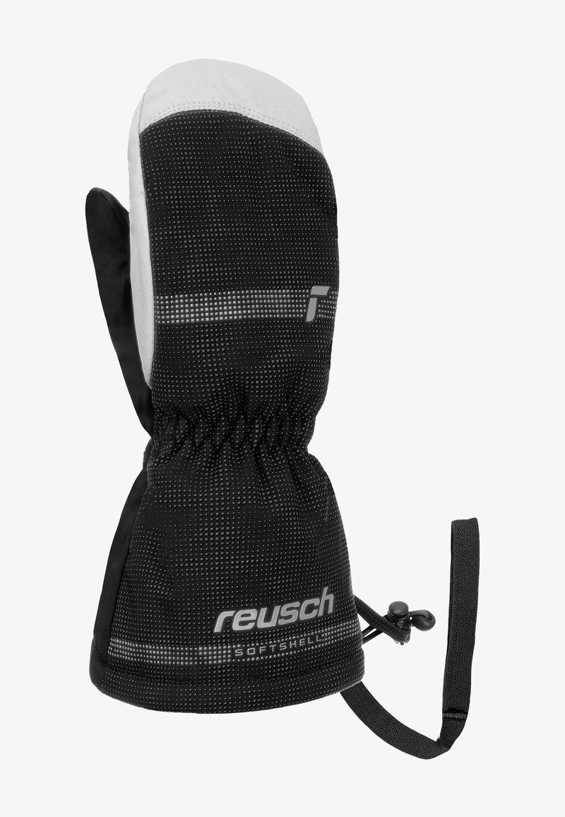 Schwarze und graue Softshell-Handschuhe mit einer strukturierten Oberfläche, elastischem Bündchen, Logo und einem verstellbaren Riemen. Verfügt über einen reflektierenden Streifen für bessere Sichtbarkeit.