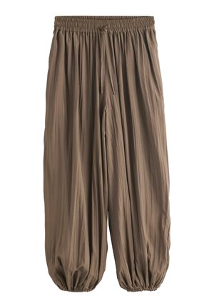 Pantalon ample marron plissé avec taille élastique, cordon de serrage et poignets élastiques froncés aux chevilles.
