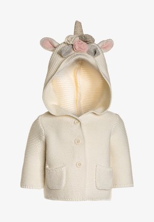 Cardigan pour bébé tricoté de couleur crème avec capuche ornée d'une corne de licorne, des oreilles et des décorations florales, et trois boutons à l'avant.
