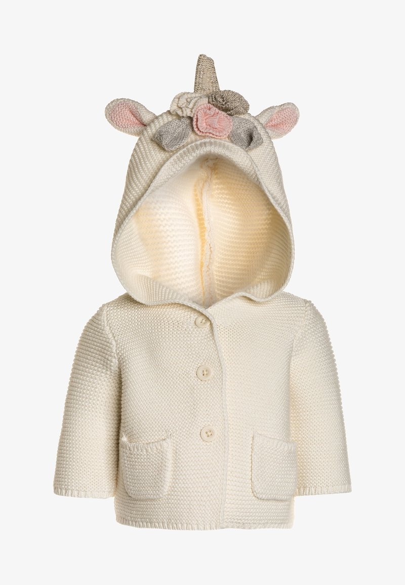 Cardigan pour bébé tricoté de couleur crème avec capuche ornée d'une corne de licorne, des oreilles et des décorations florales, et trois boutons à l'avant.