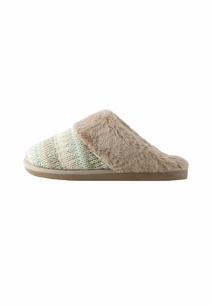 Knitted slipper with a mint and beige pattern, featuring a plush beige faux fur collar and a tan sole. Soft texture, open-back design.