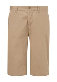 Beige katoenen shorts met een rechte snit, voor sluiting met knoop en riemlussen. Gladde textuur zonder zichtbare patronen of accenten.