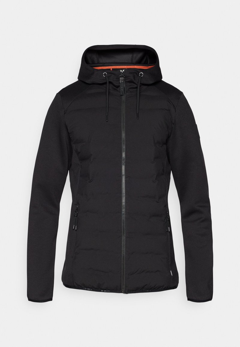 Zwarte jas met een gewatteerde voorkant, gladde mouwen en een capuchon. Heeft een centrale rits, verstelbare trekkoorden en zijzakken.