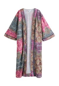 Barevný, vzorovaný kimono s širokými rukávy. Obsahuje složité paisley vzory v růžové, fialové a tyrkysové barvě. Lehká tkanina, otevřený přední díl.
