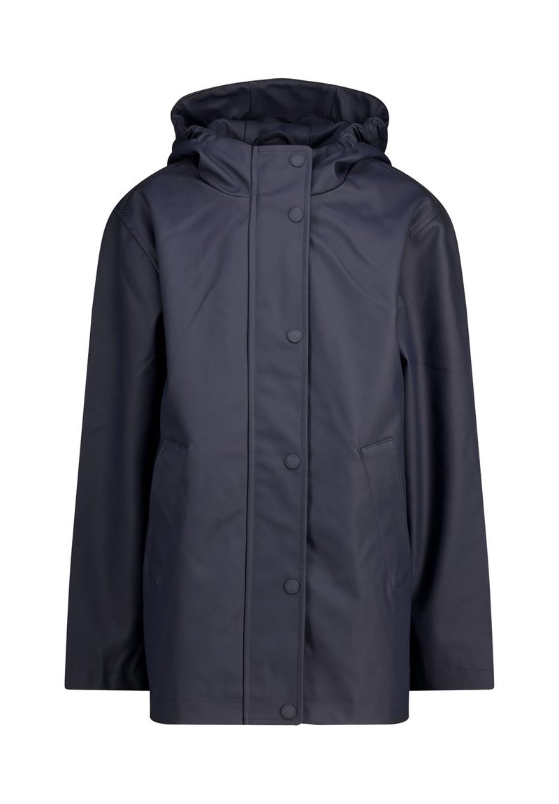 Veste imperméable bleu marine avec capuche, dotée d'une coupe droite, de boutons-pression, de deux poches latérales et d'une texture lisse et mate.