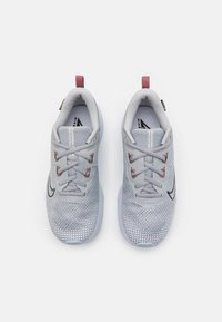 Une paire de baskets de sport grises et blanches avec des languettes roses et des logos Nike, vue de dessus sur un fond blanc.