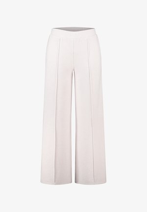 Brede, ribgebreide broeken in gebroken wit met een soepele tailleband. Bevat verticale naden voor extra textuur en structuur.