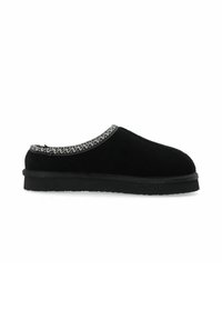 Black closed-toe slipper with a patterned gray and white trim and a flat sole, designed for indoor comfort.