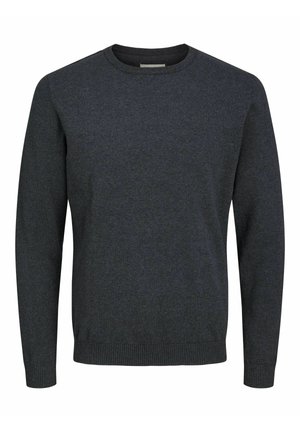 Dark gray crew neck sweater made from a textured fabric. Features long sleeves and ribbed trim at the collar, cuffs, and hem.