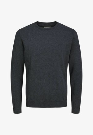 Pull à col rond gris foncé en tissu texturé. Il possède des manches longues et un bord-côte au niveau du col, des poignets et de l'ourlet.