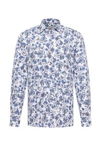 Witte overhemd met lange mouwen en blauw bloemenpatroon. Heeft een klassieke kraag en knopen aan de voorkant. Gemaakt van katoen met een gladde textuur.