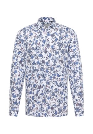 Weißes Langarmhemd mit blauem Blumenmuster. Verfügt über einen klassischen Kragen und eine durchgehende Knopfleiste. Hergestellt aus Baumwolle mit glatter Textur.