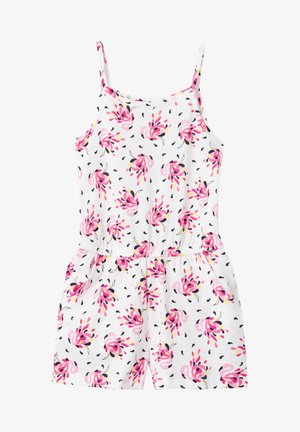 Hvid ærmeløs romper med pink, gul og sort abstrakt blomsterprint og elastisk talje, designet til børn.