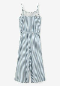 Mono de rayas azules y blancas con un ajuste relajado, tirantes de espagueti, cinturilla elástica y pantalones de pierna ancha. Textura de tela suave.