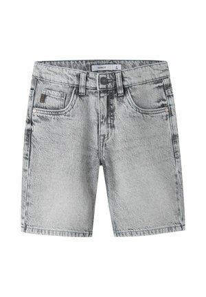 Svetlo sivé acid-wash denimové šortky s predným gombíkom, pútkami na opasok a dizajnom s piatimi vreckami.
