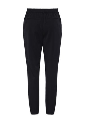 Black trousers with a tapered design, elastic waistband, and two back pockets. Smooth texture, no visible patterns or hardware.