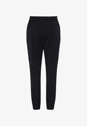 Fekete, tapered fazonú nadrág, elasztikus derékkal és két hátsó zsebbel. Sima textúra, nincsenek látható minták vagy fémalkatrészek.