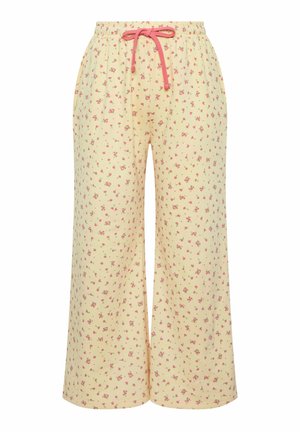 Vaaleankeltaiset leveälahkeiset housut, joissa pieni vaaleanpunainen kukkakuosi ja vaaleanpunainen kiristysnauha vyötäröllä, sivutaskuilla.