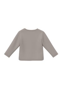 Langärmliges Hemd aus hellgrauem Stoff, mit Rundhalsausschnitt und geradem Saum, der minimale Nahtdetails aufweist. Keine Grafiken oder Verzierungen.