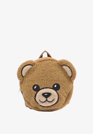 Piccolo zaino marrone morbido a forma di testa d'orso con caratteristiche facciali ricamate e orecchie su uno sfondo bianco.
