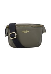 Borsa in pelle verde oliva a vita con zip dorata, tracolla nera regolabile con fibbia dorata, nome del marchio impresso sul davanti.