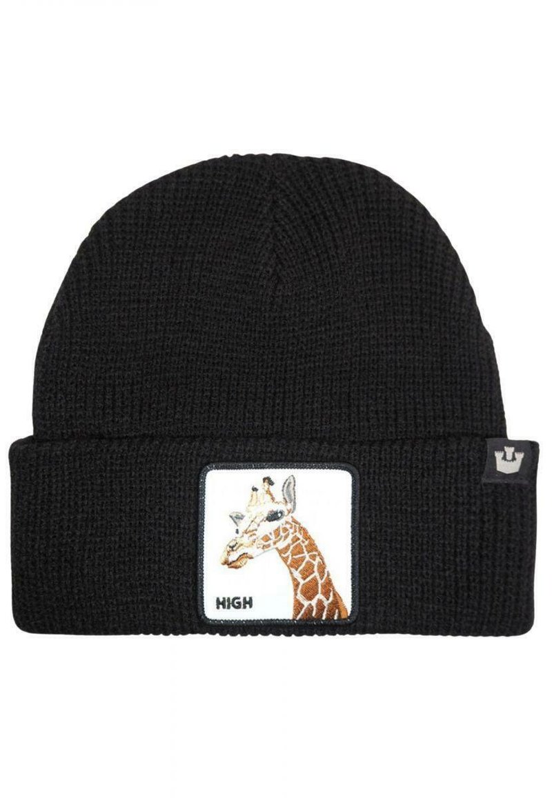 Beanie nero in maglia con risvolto, decorato con una patch ricamata a forma di giraffa e il testo "HIGH". Materiale texture, forma a cupola rotonda.
