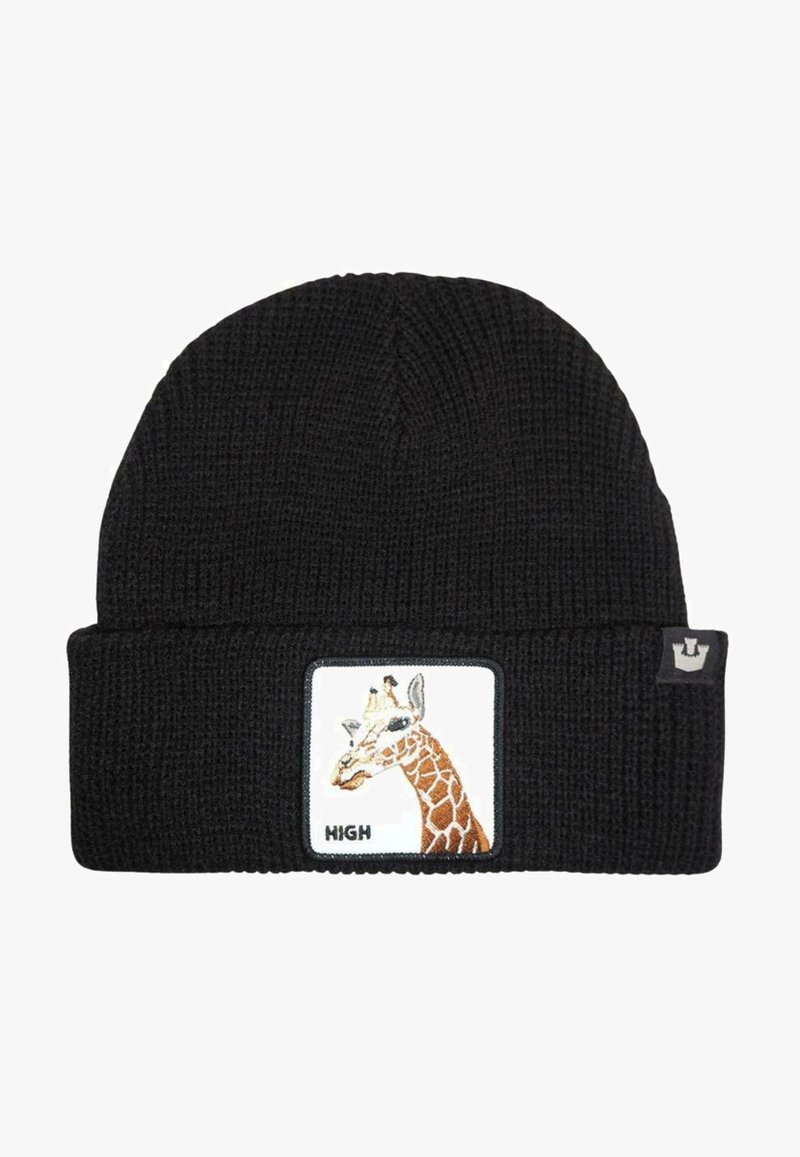 Beanie nero in maglia con risvolto, decorato con una patch ricamata a forma di giraffa e il testo "HIGH". Materiale texture, forma a cupola rotonda.
