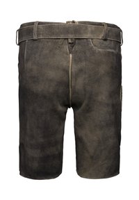Pantaloni corti in pelle marrone con una superficie testurizzata, passanti per cintura e tasca laterale. Il design presenta una struttura semplice e funzionale.