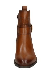 Brown leather ankle boot with a rounded toe, side zipper, and a decorative strap featuring a gold-tone buckle. Smooth finish, sturdy sole.