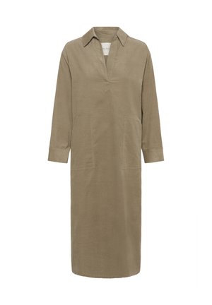 Khaki langemouwig jurkje van gestructureerde stof met een kraag, V-split en twee voorzakken. Rechte snit tot op de knie.