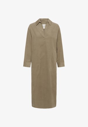 Khaki pitkähihaine mekko, joka on valmistettu teksturoidusta kankaasta, jossa on kauluskäänne, V-muotoinen halkio ja kaksi etutaskua. Suora leikkaus polvitaipeeseen asti.