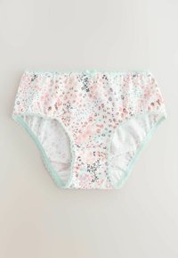 Puuvillased naiste püksikud pehmete pastelltoonide lillelise ja unicorniprindiga, servadel mintrohelise pitsiga ääristatud ning ees keskjoonel väike mintroheline lips.