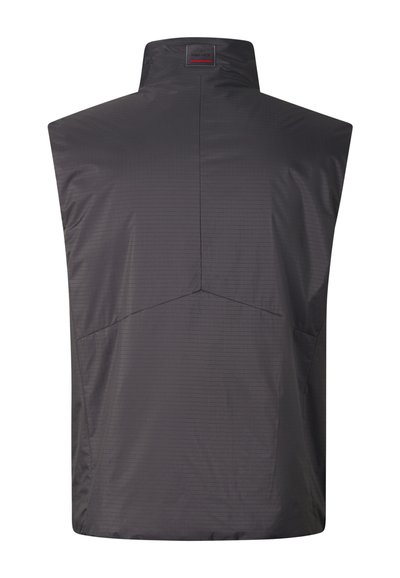 Donkergrijze mouwloze bodywarmer met hoge kraag, zichtbare horizontale stiklijnen en een klein rechthoekig label aan de achterkant van de hals.