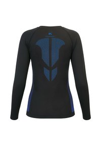 Long-sleeve athletic shirt in black with blue accents. Features breathable fabric and a patterned graphic design on the back.