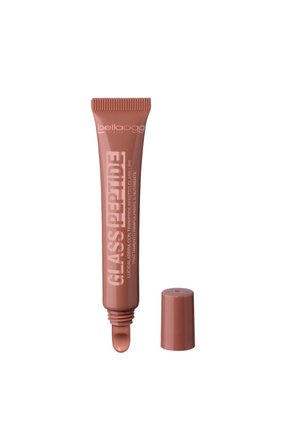 Tubetto di lucidalabbra marrone Bellaoggi Italia Glass Peptide con tappo rimosso e lucido visibile sulla punta dell'applicatore.