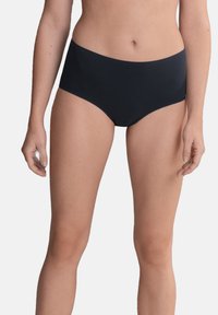 High-waisted black bikini briefs made of smooth fabric, featuring an elastic waistband and seamless design for comfort and a clean look.