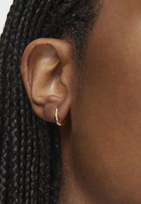 Orecchino a cerchio in oro indossato sul lobo, con una finitura liscia. I capelli neri intrecciati incorniciano l'orecchio, mettendo in risalto il design e il colore dell'orecchino.