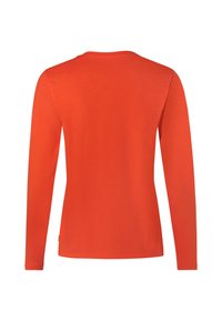 Langärmliges T-Shirt in leuchtendem Orange, aus weichem Baumwollstoff, mit rundem Halsausschnitt und glatter, untexturierter Oberfläche. Keine Muster oder Akzente.