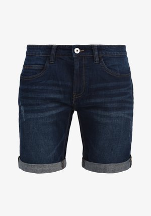 Tumši zili džinsu šorti ar taisnu griezumu, sarullētām malām, piecām kabatām un viegli izbalējušiem efektiem uz auduma. Poga metāla aizdarei.