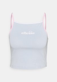 Top corto de color azul claro con finas tiras rosa y un logo blanco. Hecho de una tela suave, presenta un diseño sencillo y sin patrones.