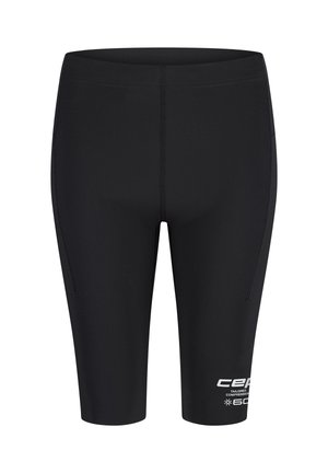 Schwarze Kompressionsshorts bis zur Mitte des Oberschenkels mit maßgeschneiderter Passform, flachen Nähten und weißem Logo-Schriftzug am unteren linken Bein.