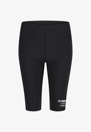 Schwarze Kompressionsshorts bis zur Mitte des Oberschenkels mit maßgeschneiderter Passform, flachen Nähten und weißem Logo-Schriftzug am unteren linken Bein.