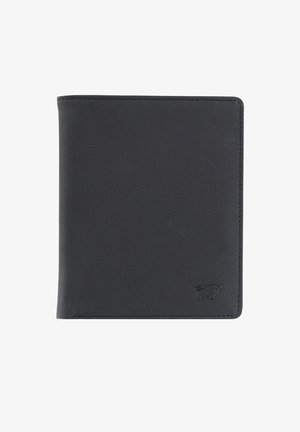 Portafoglio in pelle nera con texture liscia, design a doppia piega e piccolo logo in rilievo nell'angolo inferiore. Linee pulite e cuciture semplici.