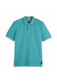 Polo di color turchese realizzato in un tessuto a maglia testurizzato. Presenta un collo con revers, tre bottoni e un piccolo logo sul petto.