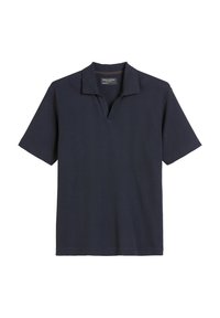 Marineblaues, geripptes Polohemd mit kurzen Ärmeln, flachem Kragen und halber Knopfleiste. Weicher Stoff und bequeme Passform.