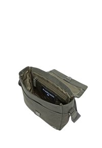 Szara torba na ramię z zamkiem błyskawicznym, regulowanym paskiem i wieloma wewnętrznymi kieszeniami. Gładka faktura i minimalistyczny design.