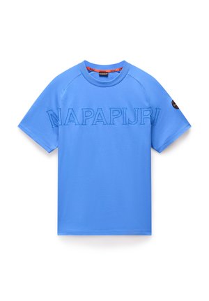 T-shirt in cotone blu con collo a giro, maniche corte e logo "NAPAPIJRI" in rilievo sul davanti. Tessuto morbido con una vestibilità rilassata.
