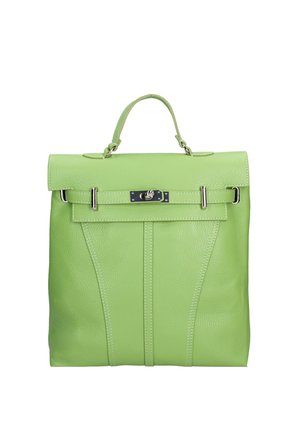 Sac à main en cuir vert avec poignée supérieure, fermeture à rabat et fermoir en métal argenté sur fond blanc.