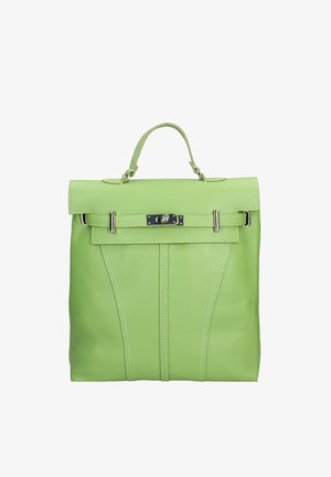 Sac à main en cuir vert avec poignée supérieure, fermeture à rabat et fermoir en métal argenté sur fond blanc.