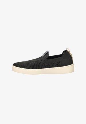 Scarpa slip-on in rete nera con tomaia traspirante, suola in gomma color crema e un piccolo anello sul tallone per una facile calzata.